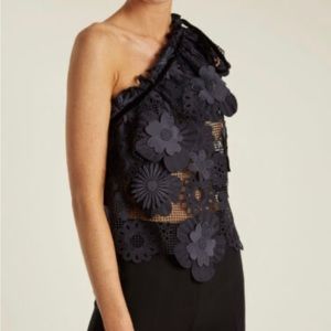 SELF PORTRAIT Navy Lace One Shoulder Top